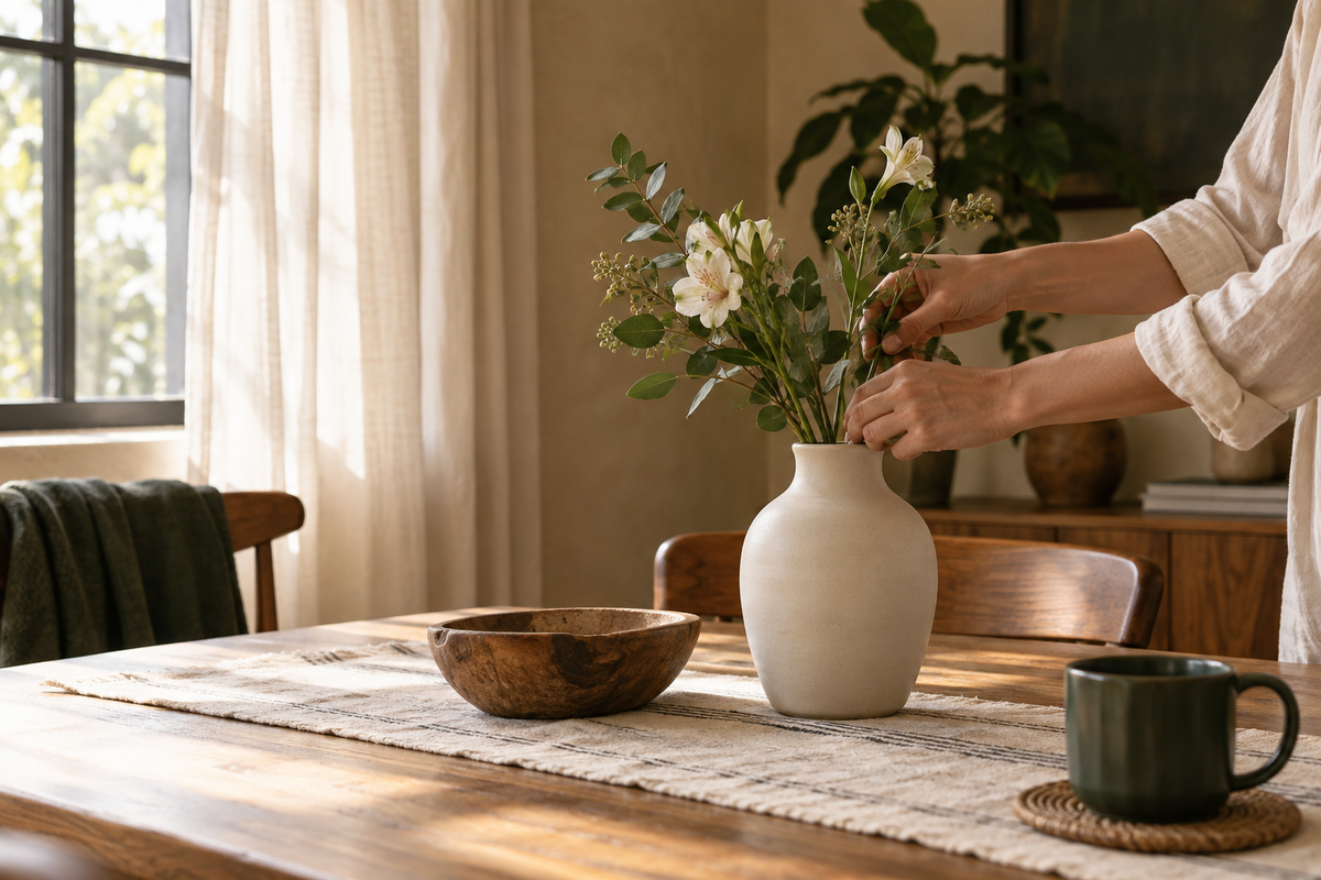 Escena editorial: manos acomodando flores sobre una mesa con luz natural.
