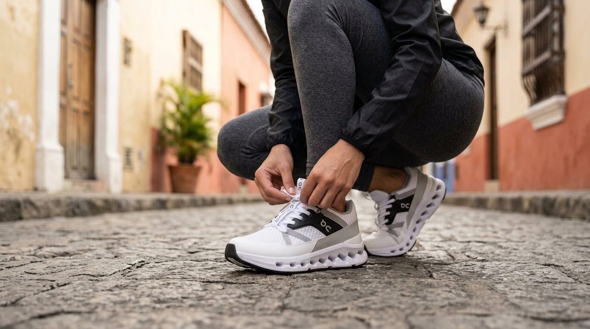Mujer amarrando los cordones de sus tenis blancos en una calle colonial