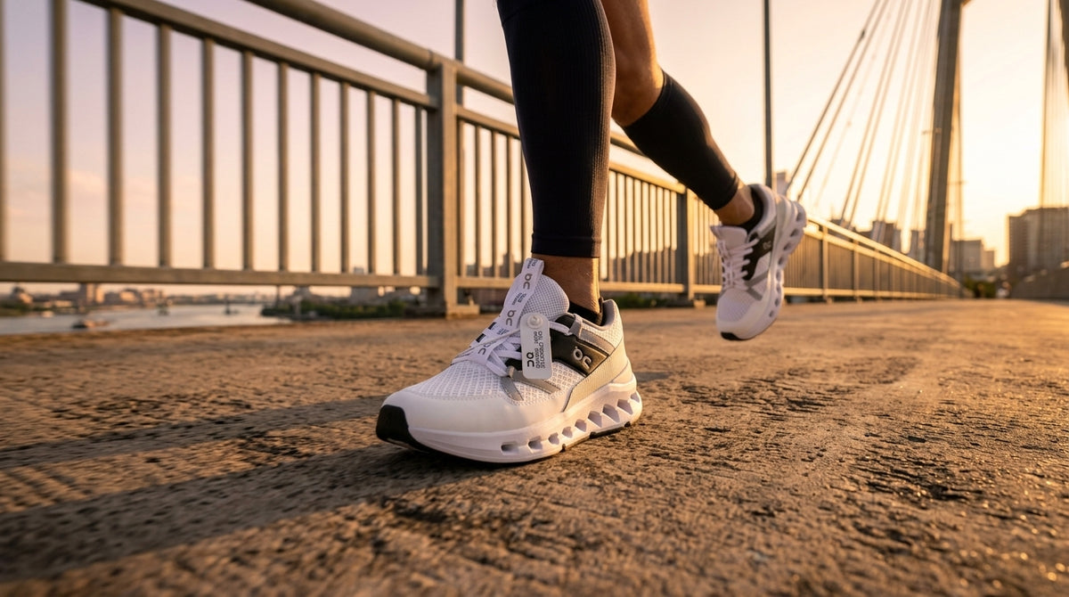 Tenis blancos y leggings negros caminando sobre un puente al atardecer
