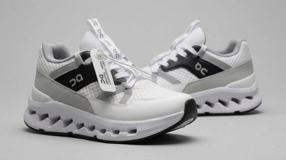 Tenis blancos para mujer con paneles en gris y negro, par completo sobre fondo gris